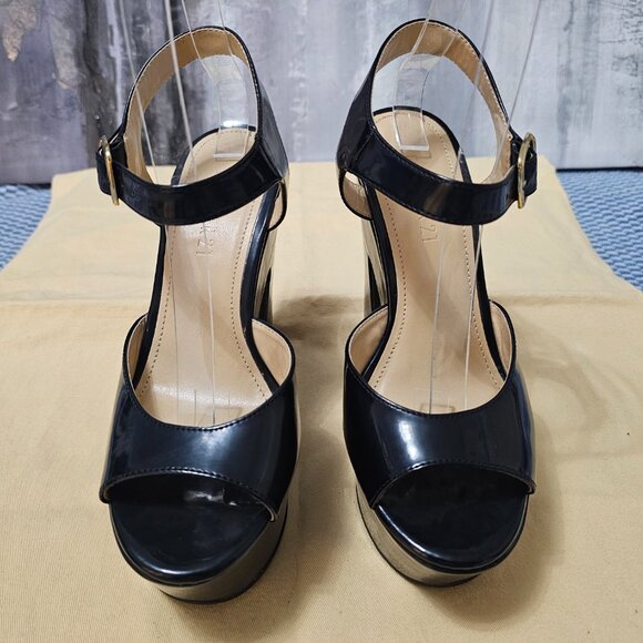 NWT Forever 21 Black Patent Platform Heels Ankle Strap Open Toe Sandals - Size 6 - Picture 4 of 9